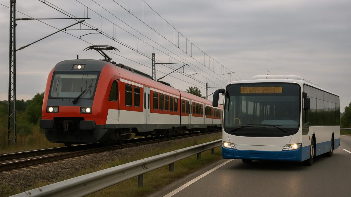 autobus e treno durante una corsa