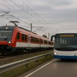 autobus e treno durante una corsa